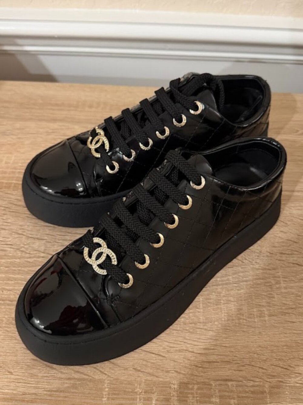 Luxury Black Quilted Patent Platform Sneakers Gold Tone Hardware